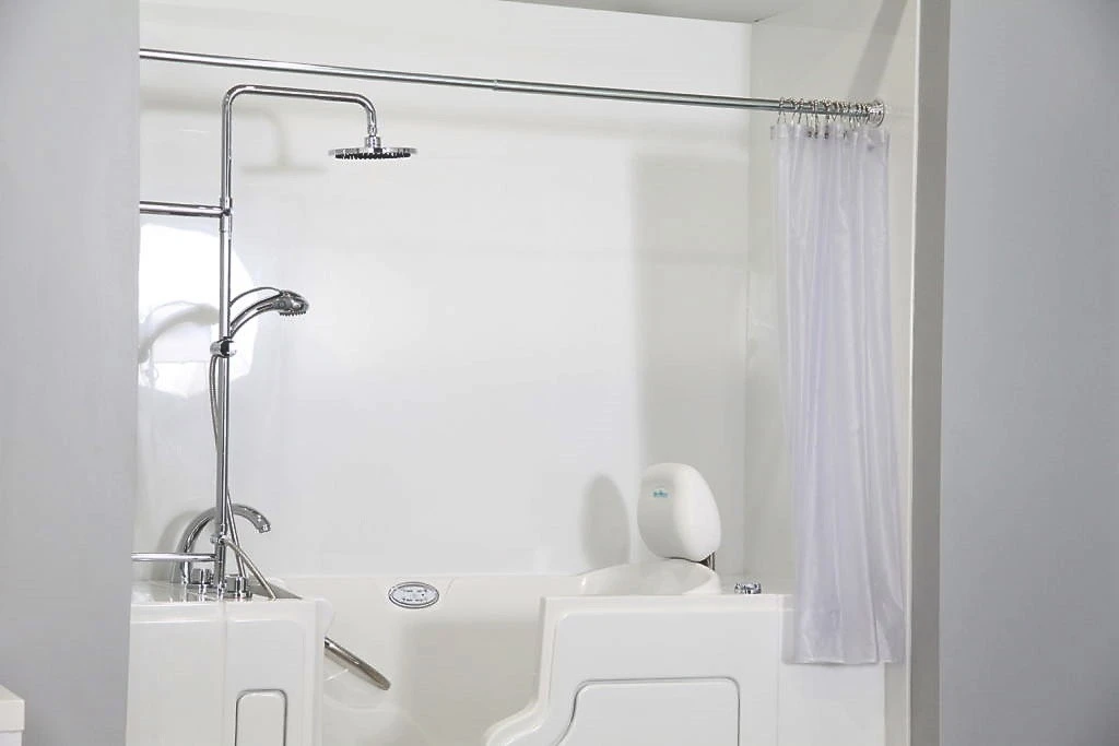 Safe Step Hybrid™ Walk-In Tub is a walk-in tub shower combo with shower head fully height adjustable, optional of glass door euro style or free shower curtain.